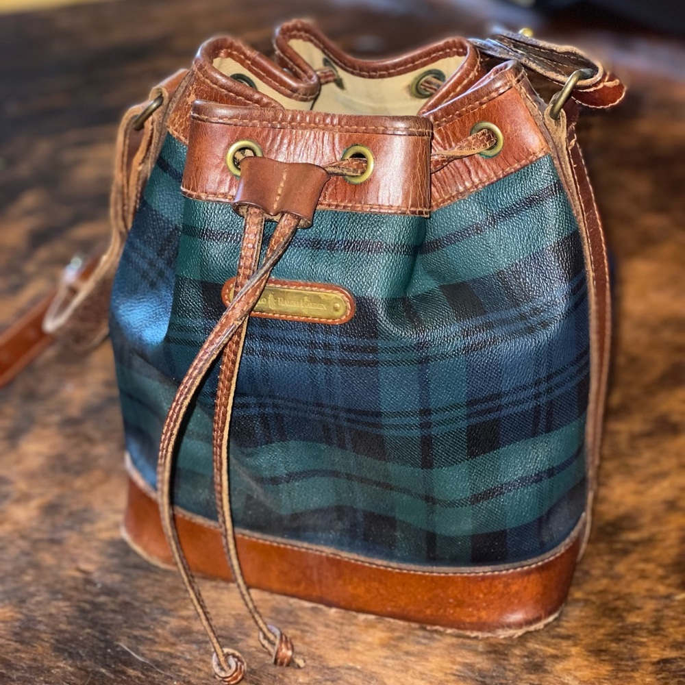Polo by Ralph Lauren Green and Brown Plaid Drawstring Satchel